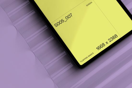 Modern digital tablet mockup with yellow screen on purple background, ideal for app design display, high resolution 1668x2388px.